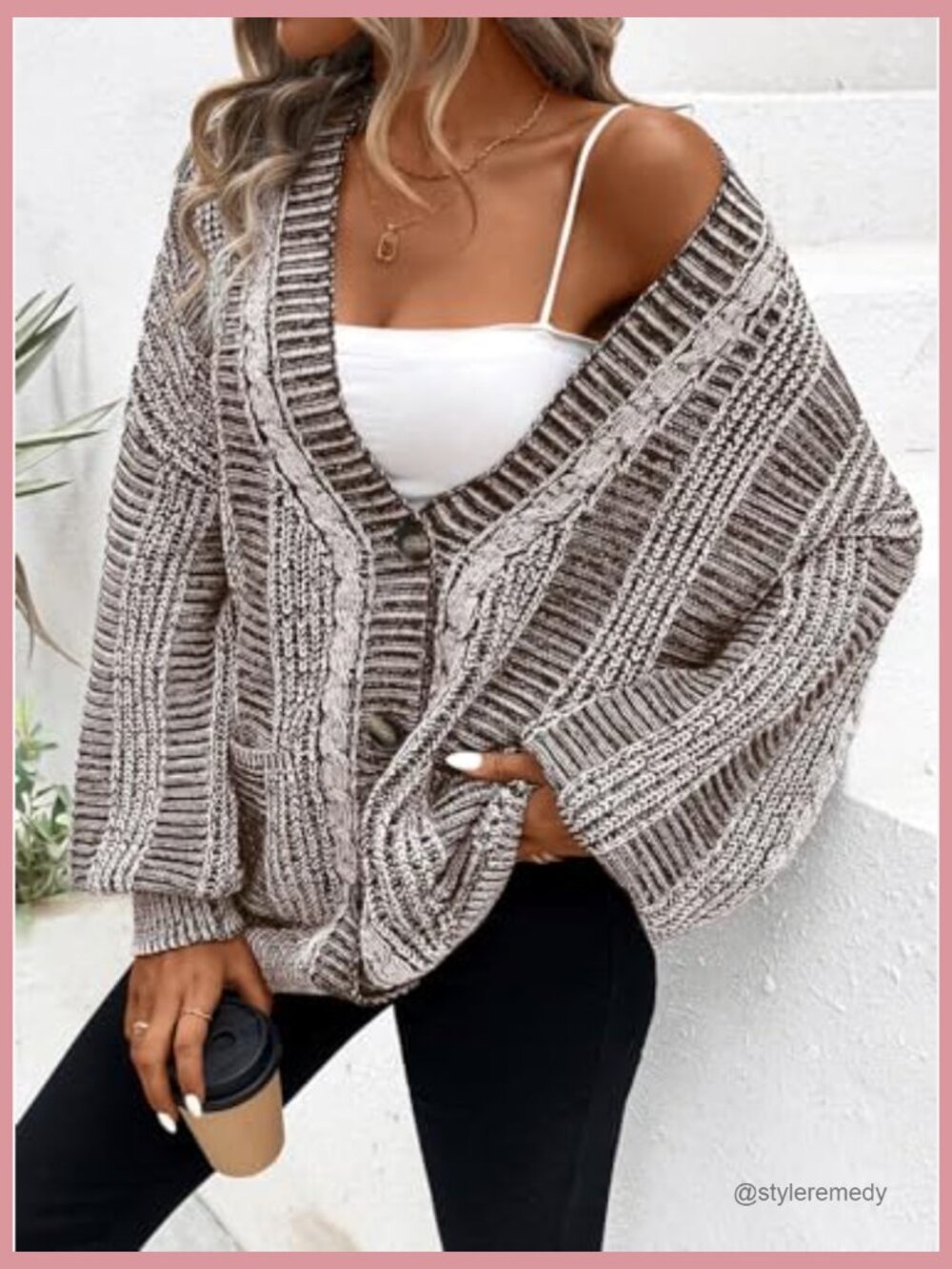 Oversized Cardigan Sweater Long Sleeve Cable Knit Outerwear Coat with Pockets - Picture 2 of 7